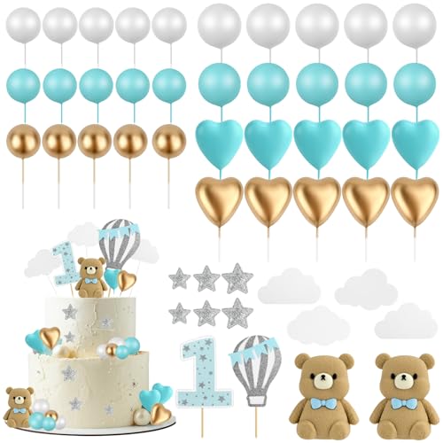 49 Stück Teddybär Babyparty Kuchen Dekoration Set, Teddybär Geburtstagstorte Deko, Jungen 1.Geburtstag Cake Topper, Baby Dusche Tortendeko Geburtstag für Baby Shower und Geburtstag Party (Blau) von MINISOISO