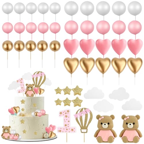 49 Stück Teddybär Babyparty Kuchen Dekoration Set, Teddybär Geburtstagstorte Deko, Mädchen 1.Geburtstag Cake Topper, Baby Dusche Tortendeko Geburtstag für Baby Shower und Geburtstag Party (Rosa) von MINISOISO