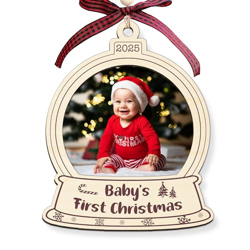 MINIVINE Holz-Foto-Ornament "Baby's First Christmas 2025", personalisierbar, 1. Weihnachtsideen für Kinder, Jungen, Mädchen – My Very First Christmas Babies Neugeborenen-Bilderrahmen-Ornament von MINIVINE