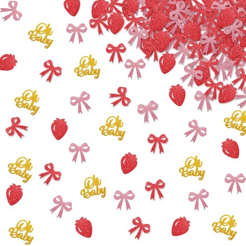 120 Stück Kokette Erdbeer-Konfetti, Beeren-Süße-Babyparty-Tisch-Konfetti, rot und rosa Glitzerschleife Oh Baby Tischstreuung für Mädchen, Erdbeere erster Geburtstag, Party-Dekoration von MINIYEYE