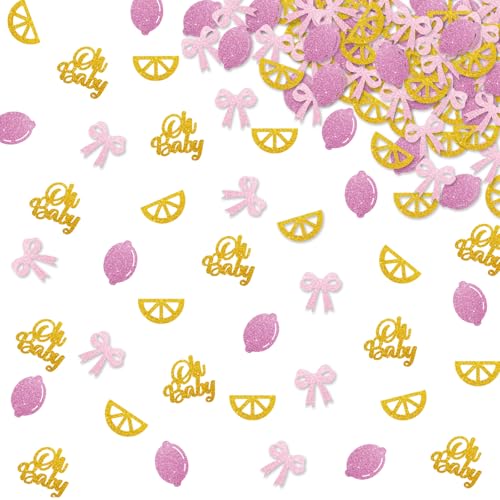 120 Stück rosa Schleifen-Zitronen-Konfetti, Zitronen-Babyparty-Tisch-Konfetti, rosa und goldfarbene Glitzerkokette für Mädchen, Lomonade Willkommens-Baby-/Geburtstagsparty-Dekoration von MINIYEYE