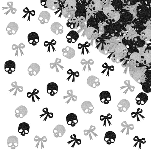 120 Stück schwarze Schleife Schädel Konfetti, Gothic Geburtstag Tischkonfetti, Schwarz & Silber Glitzer Kokette Skelett Tisch Streuung für Frauen, Gothic Brautdusche / Bach Party Dekoration von MINIYEYE