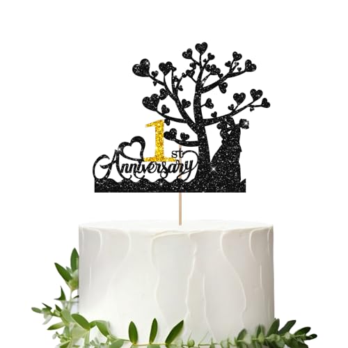 MINIYEYE Kuchendekoration zum 1. Hochzeitstag, Schwarz & Gold, Glitzer unter dem Baum, Jubiläumskuchenbilder für ein Jahr, Hochzeitsfeier, Dekoration von MINIYEYE