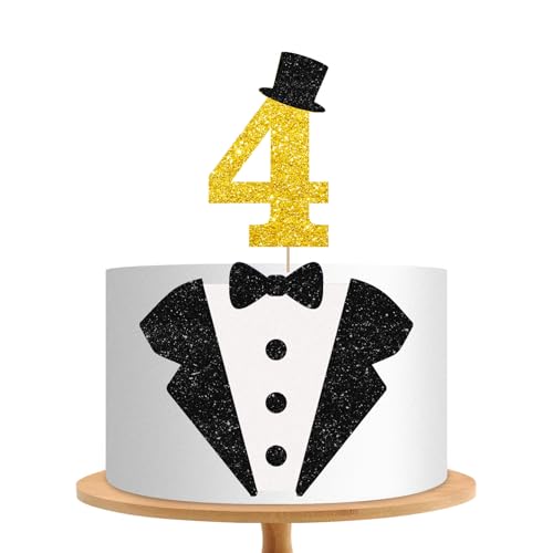 Tortenaufsatz für 4. Geburtstag, Smoking, 4 Jahre, schwarzer Glitzeranzug, Fliege, 4 Jahre, Kuchenaufsatz für Jungen, Partyzubehör von MINIYEYE
