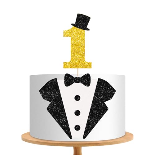 Tortenaufsatz für den 1. Geburtstag, Smoking, 1 Stück, schwarzer Glitzeranzug, Fliege, 1 Jahr alt, Kuchenaufsatz für Babyparty, erster Geburtstag, Partyzubehör für Jungen von MINIYEYE