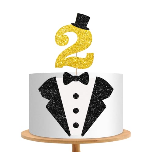 Tortenaufsatz für den 2. Geburtstag, Smoking, 2 Stück, schwarzer Glitzeranzug, Fliege, 2 Jahre alt, Kuchenaufsatz für Babyparty, zweites Geburtstagsparty-Zubehör für Jungen von MINIYEYE