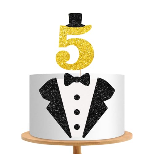 Tortenaufsatz für den 5. Geburtstag, Smoking, 5 Jahre, schwarzer Glitzeranzug, Fliege, 5 Jahre alt, Kuchenaufsatz für Jungen, Partyzubehör von MINIYEYE
