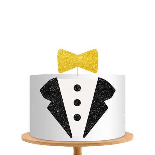 Tortenaufsatz mit Aufschrift "Little Man", schwarzer und goldener Glitzer, Smoking, Fliege, Dessert, Kuchenaufsatz für Babyparty, für Jungen und Herren, Geburtstagsparty-Zubehör von MINIYEYE