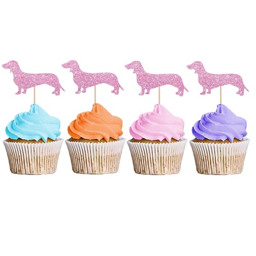 Cupcake-Aufsätze mit Dackel-Motiv, für Welpen, Haustier, Cupcake-Aufsätze, Hundegeburtstags-Cupcake-Picks, Dackel-Haustier-Thema-Party-Dekoration, rosa Glitzer, 24 Stück von MINUET MINUTE