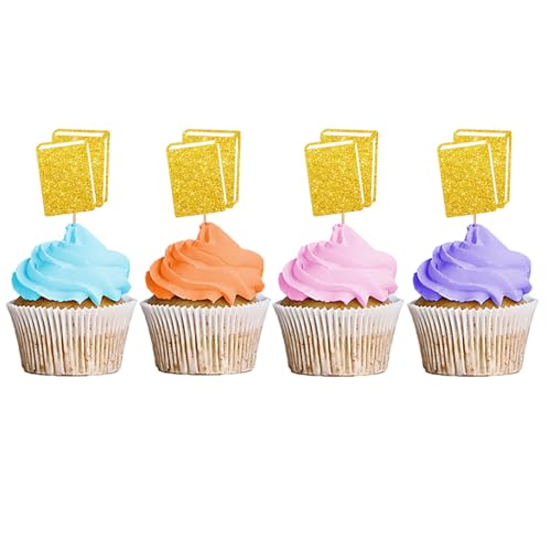 Cupcake-Topper, Cupcake-Topper, Buch-Cupcake-Topper, Buch-Cupcake-Picks für Leseparty, Buchclub, Party, Lehrer, Geburtstagsparty-Dekoration, Goldglitzer, 24 Stück von MINUET MINUTE