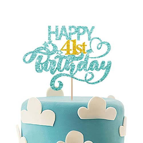 Himmelblauer Glitzer Happy 41st Birthday Kuchenaufsatz, Forty One Years Old Birthday Party Kuchen Dekor, Gold Nummer 41 Geburtstag Party Supplies Dekorationen für Mann oder Frau von MINUET MINUTE