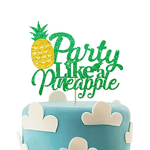 Party wie eine Ananas-Kuchendekoration, tropisches Thema Geburtstagstortenaufsatz, hawaiianische Kuchendekoration, Ananas-Willkommens-Partyzubehör, Dekoration – Grün & Gold Glitzer von MINUET MINUTE