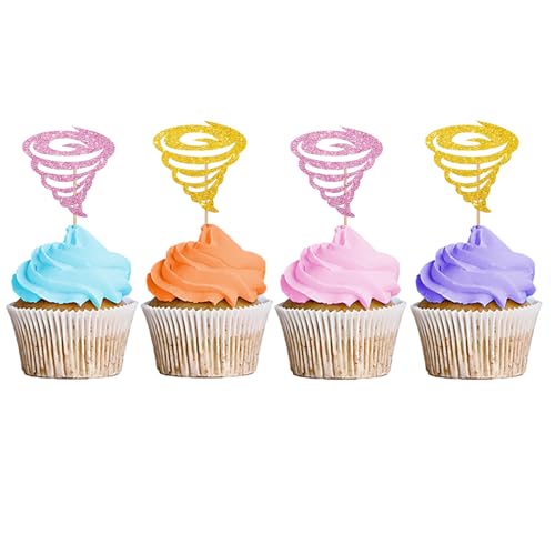 Tornado-Cupcake-Topper, Tornado-Cupcake-Topper für Wetterparty, Fornado-Cupcake-Picker, Tornado-Kuchendekorationen für 2. / 4. Geburtstag, rosa und goldfarben, 24 Stück von MINUET MINUTE