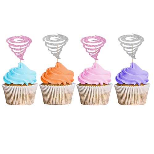 Tornado-Cupcake-Topper, Tornado-Cupcake-Topper für Wetterparty, Fornado-Cupcake-Picker, Tornado-Kuchendekorationen für 2. / 4. Geburtstag, rosa und silberfarben, Glitzer, 24 Stück Tornado-Cupcake-Topper, Tornado-Cupcake-Topper für Wetterparty, Fornado-Cupcake-Picker, Tornado-Kuchendekorationen für 2. / 4. Geburtstag, rosa und silberfarben, Glitzer, 24 Stück von MINUET MINUTE