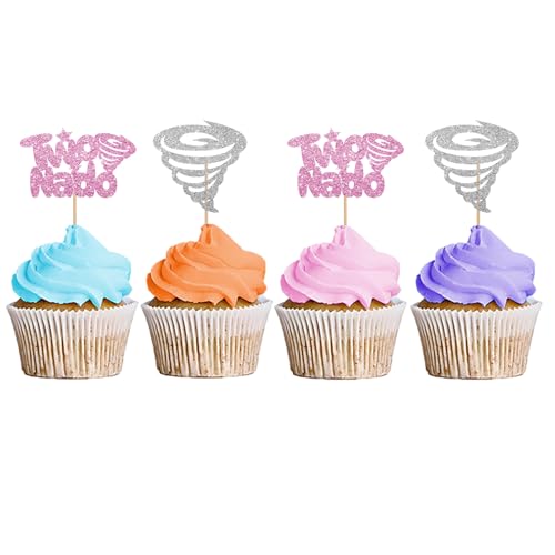 Twonado-Cupcake-Topper, Tornado-Cupcake-Topper für Wetterparty, Twonado-Cupcake-Picker, Tornado-Kuchendekorationen für 2. Geburtstag/Jubiläumsparty – Rosa und Silber, Glitzer, 24 Stück von MINUET MINUTE