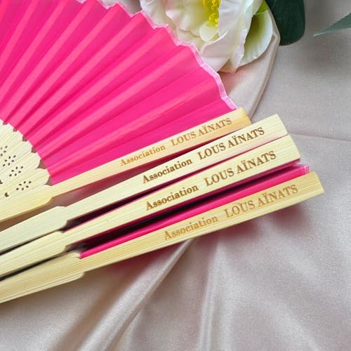 MINXLTD 10/20/30/50 Stück Personalisierte Hochzeits-Falthandfächer for Gäste, Individuelle Seiden-Bambus-Fächer Mit Organzabeuteln, Babyparty-Gastgeschenke, Gravierte Seide 14 Farben(Rose Pink) von MINXLTD
