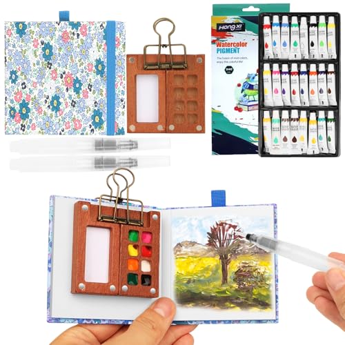 Mini Aquarell Travel Set, Pocket-Aquarellset, Pocket Aquarell Set mit 8-Grids Holz-Palette, 24 Farben Aquarellfarben, 2 Pinseln, Metallclip & Skizzenbuch für Künstler, Studenten, Anfänger Mini Aquarell Travel Set, Pocket-Aquarellset, Pocket Aquarell Set mit 8-Grids Holz-Palette, 24 Farben Aquarellfarben, 2 Pinseln, Metallclip & Skizzenbuch für Künstler, Studenten, Anfänger von MINYSIC