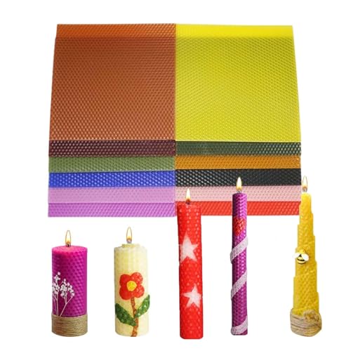 12 Stück Bienenwachs Blätter, 20*20 cm, Farbiger Bienenwachs Kerzen Selber Machen Set, Farbiger Bienenwachskerzen Set, Bienenwachsplatten, Bienenwachskerzen-DIY-Kit, 12 Dochte,Farbige Box Verpackung von MINZHI