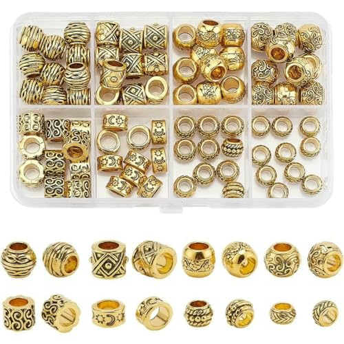 Armbandperlen mit großem Loch, runde Röhre, 7 x 4,5 mm, Antikgold, für Halsketten-Set, 80 Stück, 8 Stile von MIONGKI