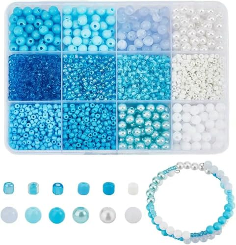 Perlen zur Schmuckherstellung, 6 mm, Glasperlen, rund, 3 mm, Samen, Weiß / Blau, 2960 Stück Perlen zur Schmuckherstellung, 6 mm, Glasperlen, rund, 3 mm, Samen, Weiß / Blau, 2960 Stück von MIONGKI