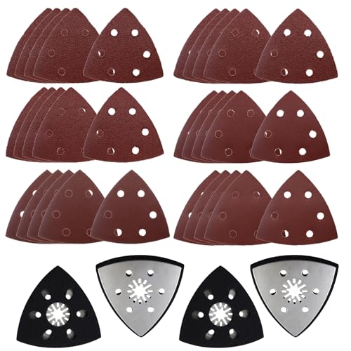 MIPIACE 34 Stück Schleifplatte Set 4 Schleifplatte Dreieck 6 Löchern Multitool Schleifplattes mit 30 Schleifpapier Dreieckschleifer Schleifaufsatz für Holz Metall (Körnung 40/60/80/120/180/240) von MIPIACE