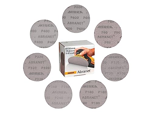 Mirka Abranet Netzschleifscheiben Ø 150mm Klett / Mix-Pack 5 von jeder Körnung 80, 120, 180, 240, 320, 400, 600 / 35 Stk / Für alle 150mm Exzenterschleifer und Schleifmaschinen von MIRKA