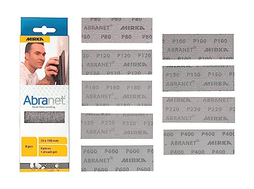 Mirka Abranet Netzschleifstreifen 70mm x 198 mm Klett / Mix-Pack 1 von jeder Körnung 80, 100, 120, 150, 180, 220, 320, 400, 600 / 9 Stk / zum Schleifen von Holz, Spachtel, Lack, Kunststoff von MIRKA