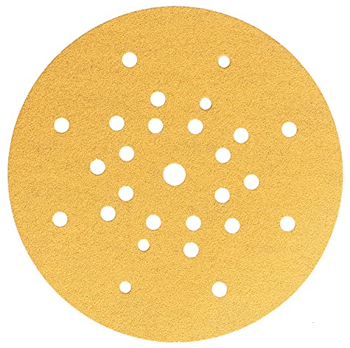 Mirka Gold Schleifpapier Ø 225mm Klett 27-Loch/Korn P150 / 10 Scheiben/Für Trockenbauschleifer Wand- und Deckenschleifer/Zum Schleifen von Gips, Spachtel, Spanplatten, Holz, Lack Mirka Gold Schleifpapier Ø 225mm Klett 27-Loch/Korn P150 / 10 Scheiben/Für Trockenbauschleifer Wand- und Deckenschleifer/Zum Schleifen von Gips, Spachtel, Spanplatten, Holz, Lack von MIRKA