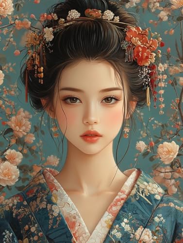 MIRONS Kreuzstich Set Vorgedruckt, Kimono-Mädchen und Blumen 11CT Kreuzstich-Stickset, Komplettes Sortiment an Vorgedruckten Starter-Sets für Anfänger 40x50cm(K209) von MIRONS