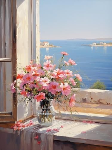 MIRONS Kreuzstich Stickpackungen Vorgedruckt, Blumen auf der Fensterbank am Meer,A,30 * 40cm 11CT Kreuzstich-Stickset, komplette Auswahl an vorgedruckten Starter-Sets für Anfänger von MIRONS
