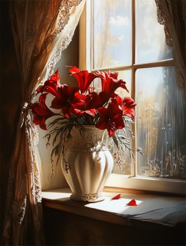MIRONS Kreuzstich Stickpackungen Vorgedruckt Set, Blumen auf der Fensterbank 11CT DIY gestempelte Kreuzstich-Kits Hand Volle Linie Vorgedruckte Stickerei Starter Kits Für Anfänger 40x50cm(K873) von MIRONS