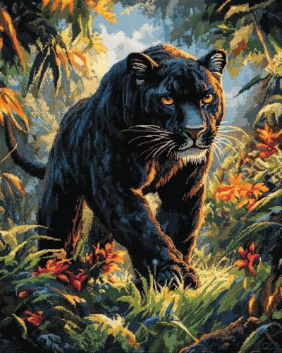 MIRONS Kreuzstich Stickpackungen Vorgedruckt Set, Schwarzer Panther im Dschungel 11CT DIY gestempelte Kreuzstich-Kits Hand Volle Linie Vorgedruckte Stickerei Starter Kits Für Anfänger 40 * 50cm von MIRONS