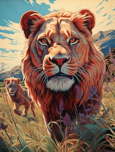 MIRONS Kreuzstich Stickpackungen Vorgedruckt Set, Wilder Löwe im Dschungel, L, 40 * 50CM Stickvorlagen Stickbilder Zum Sticken Starter Set FüR Erwachsene AnfäNger, 11CT Cross Stitch Kit von MIRONS