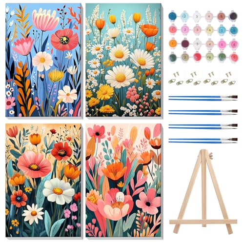 MISCER 4 Stück Gerahmt Malen Nach Zahlen Erwachsene, Malen Nach Zahlen Erwachsene Anfänger Mit Holzstaffelei, Blume DIY Landschaft Ölgemälde Leinwand Kit für Home Deko 20X30cm von MISCER