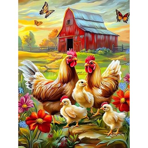 MISCER Diamond Painting für Erwachsene, Diamond Painting kit, Huhn und Hahn 5D Diamant Malerei Set Anfänger, Bauernhof DIY Diamant Malerei Basteln Bilder Arts Geschenk für Zuhause Wand Deko 30x40cm von MISCER