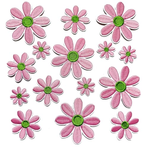 MISDONR Aufnäher zum Aufbügeln, Gänseblümchen, 3 Größen, Rosa, niedliche Stickerei-Applikation für Mädchen, Kleidung, Hüte, Taschen, Jacken, Jeans, DIY-Dekoration, 15 Stück von MISDONR