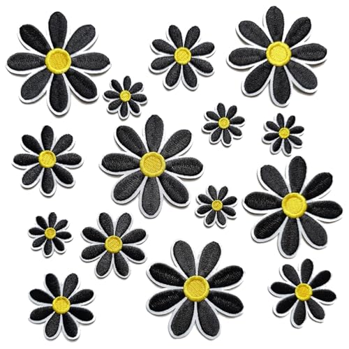 MISDONR Aufnäher zum Aufbügeln, Gänseblümchen, 3 Größen, schwarz, niedliche Stickerei-Applikation für Mädchen, Kleidung, Hüte, Taschen, Jacken, Jeans, DIY-Dekoration, 15 Stück von MISDONR
