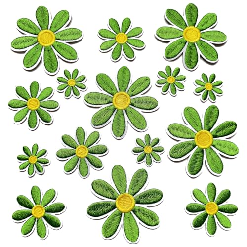 MISDONR Gänseblümchen-Aufnäher zum Aufbügeln, 3 Größen, grün, niedliche Stickerei-Applikation für Mädchen, Kleidung, Hüte, Taschen, Jacken, Jeans, DIY-Dekoration, 15 Stück von MISDONR