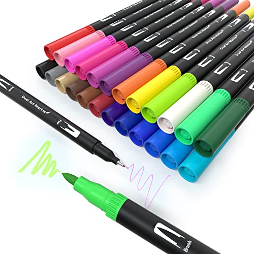 MISDUWA Dual Brush Pen Set, 24 Farben Pinselstift mit Zwei Spitzen Doppelfasermaler Filzstifte 0,4 mm Fineliner und 1-2 mm Fasermaler Aquarellstifte von MISDUWA