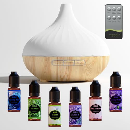 MISIJI Aroma Diffuser für Duftöle 500ML,mit Fernbedienung und Flower Ätherische Öle Set 6x10 ML,4 Timer-Einstellung,7 Arten LED Lichtfarben von MISIJI