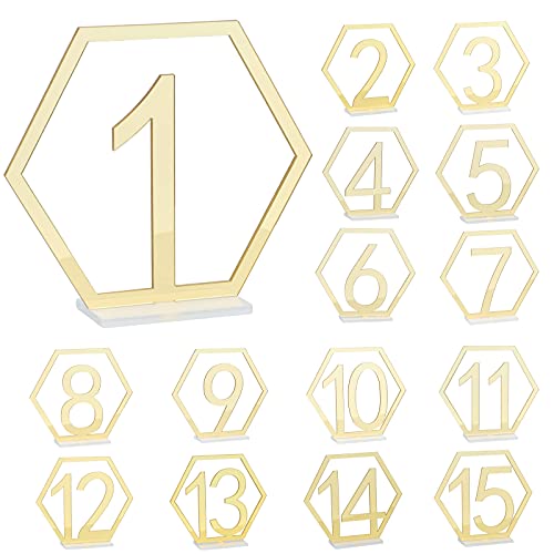 MISNODE 15 Stück Tischnummernschildständer, 1-15 Acryl Hochzeit Tischnummer mit Halter Basis, sechseckige Tischschilder klare Acryl Empfangsständer (Gold) von MISNODE