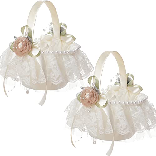 MISNODE Blumenmädchen-Körbe für Hochzeiten, 2 Stück romantische weiße Blumenmädchen-Korb mit Spitzen-Kollektion, einfache süße Schleife, Hochzeitskörbe für Blumenmädchen von MISNODE