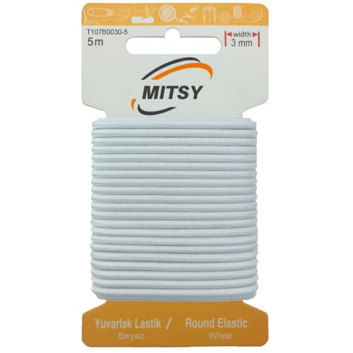 MITSY Reißfeste Gummiband Gummibänder zum Nähen Breit 3 mm Rund 5 m Weiß Stark Gummilitze für Hosengummi Haushalt DIY Handwerk Stoffe zum Nahen von MITSY