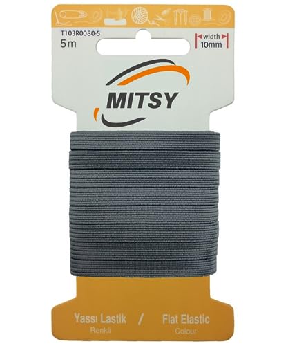 MITSY Reißfeste Gummiband Gummibänder zum Nähen Breit 10 mm 5 m Grau Stark Gummilitze für Hosengummi Haushalt DIY Handwerk Stoffe zum Nahen von MITSY