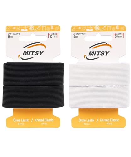 MITSY Reißfeste Gummiband Gummibänder zum Nähen Breit 30 mm 10 m Schwarz Weiß Stark Gummilitze für Hosengummi Haushalt DIY Handwerk Stoffe zum Nahen (5 Meter Schwarz und 5 Meter Weiss) von MITSY