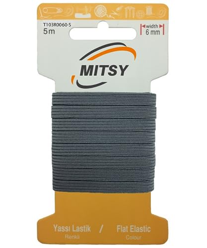 MITSY Reißfeste Gummiband Gummibänder zum Nähen Breit 6 mm 5 m Grau Stark Gummilitze für Hosengummi Haushalt DIY Handwerk Stoffe zum Nahen von MITSY