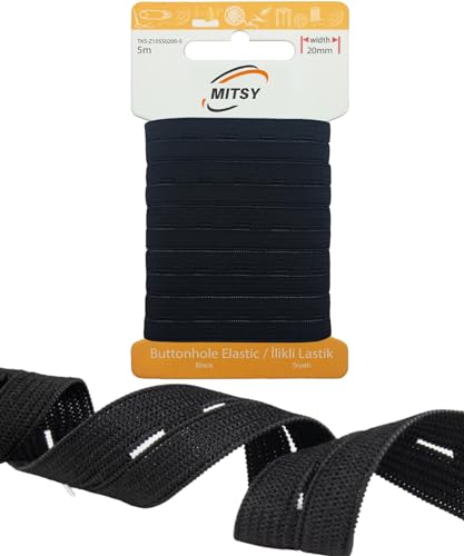 MITSY Reißfeste Knopfloch Elastische Gummiband Spule zum Nähen Breit 20 mm 5 m Schwarz Stark Knopflochgummiband für Lochgummi Haushalt DIY Handwerk Stoffe zum Nahen von MITSY