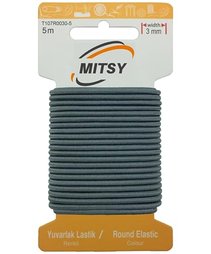 MITSY Reißfeste Rund Gummiband Gummikordel Gummibänder zum Nähen Breit 3 mm 5 m Grau Stark Rundgummi Gummilitze für Hosengummi Haushalt DIY Handwerk Stoffe zum Nahen von MITSY