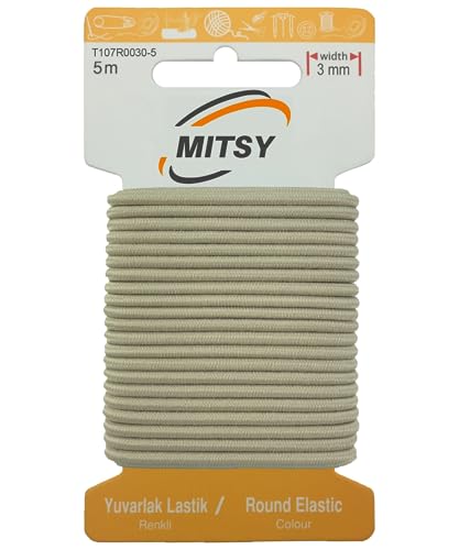 MITSY Reißfeste Rund Gummiband Gummikordel Gummibänder zum Nähen Breit 3 mm 5 m Beige Stark Rundgummi Gummilitze für Hosengummi Haushalt DIY Handwerk Stoffe zum Nahen von MITSY