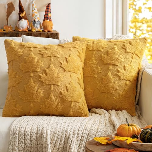 MIULEE 2er Set Kissenbezug Herbst Dekokissen Kissenhülle Sofakissen Wolle Hohles Massives Ahornblatt Couchkissen für Kuschelkissen Halloween Thanksgiving Kurkuma 45x45CM von MIULEE